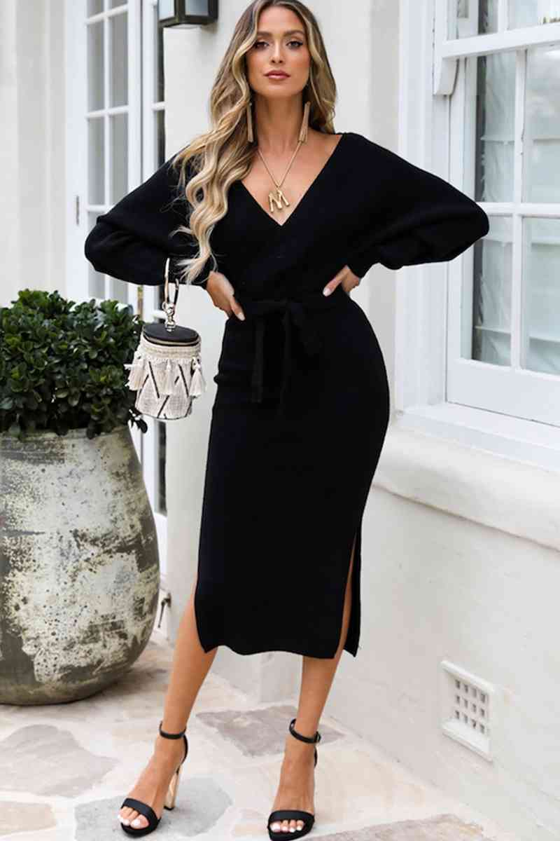 Chic Surplice Neck Sweater Dress with Bow Waist & Slit