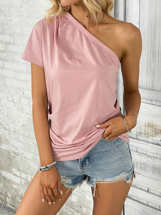 Stylish Blush Pink One Shoulder Short Sleeve T-Shirt