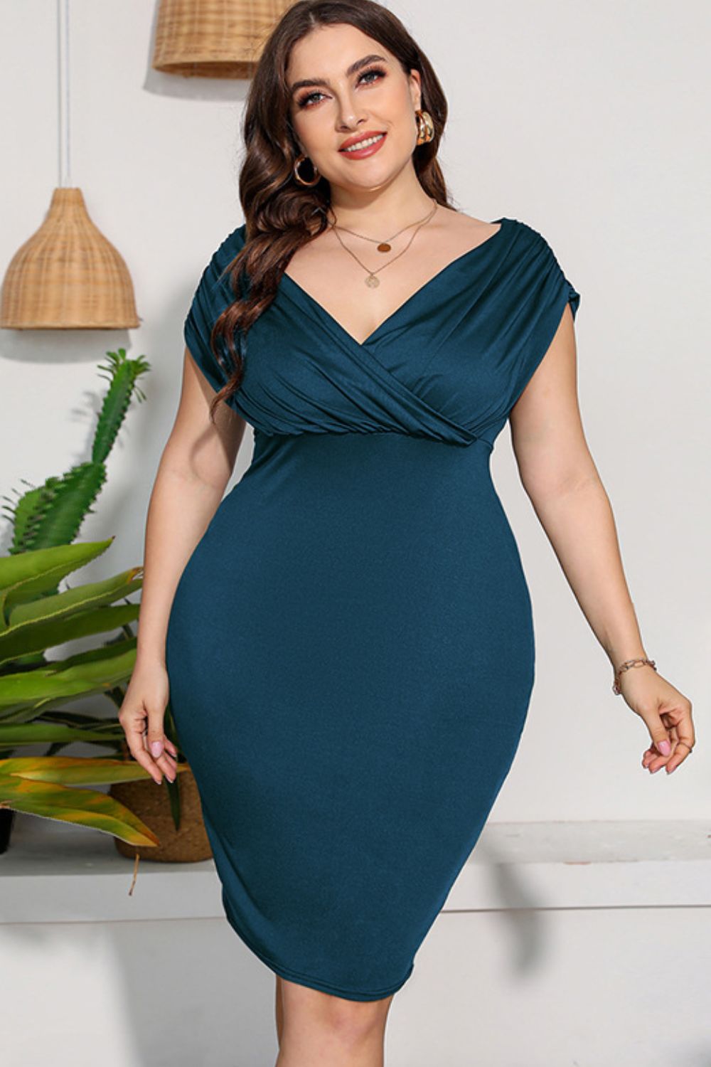 Flattering Plus Size V-Neck Dress with Ruched Detail