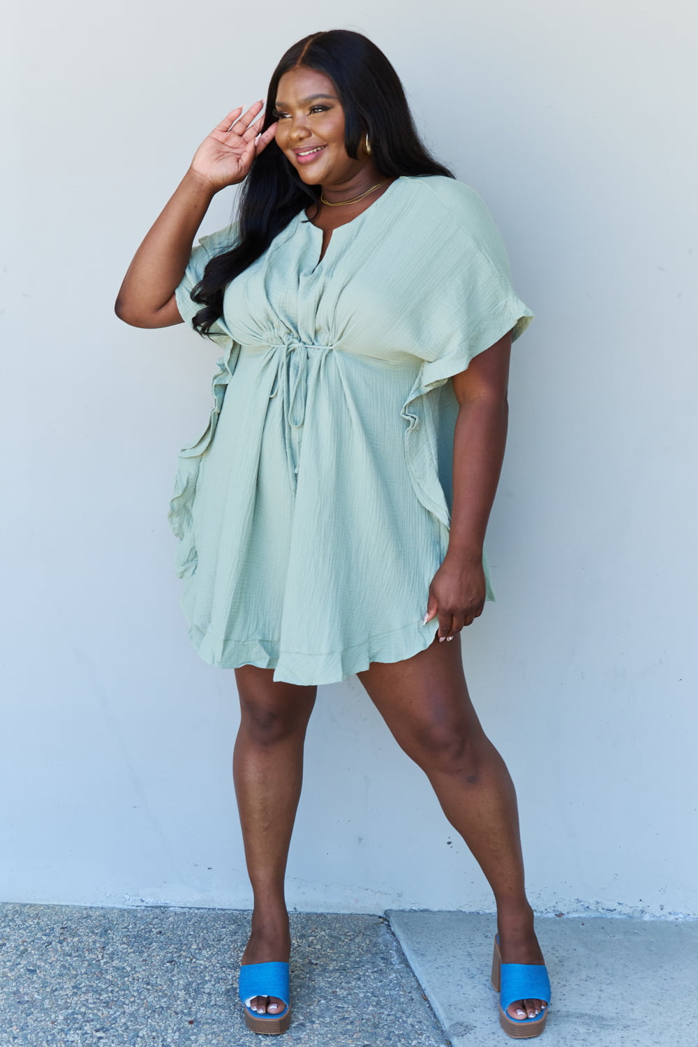 Light Sage Ruffle Hem Dress with Drawstring Waistband | The Exclusive Emerald