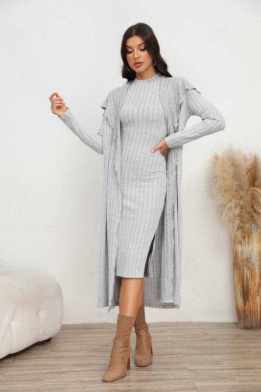 Elegant Slit Dress & Longline Cardigan Set | Versatile Fashion