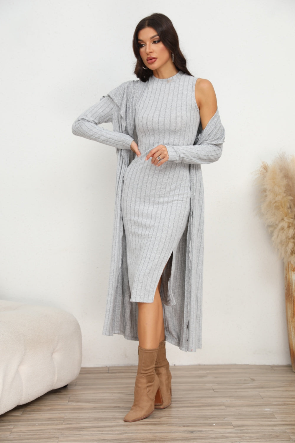 Elegant Slit Dress & Longline Cardigan Set | Versatile Fashion