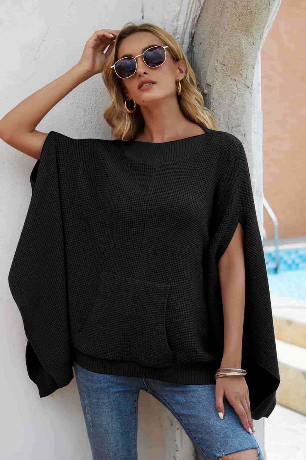 Unique Waffle-Knit Cloak Sleeve Sweater with Pockets