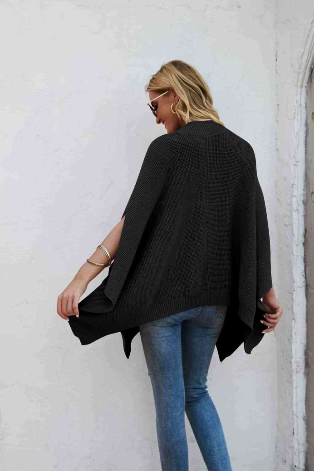 Unique Waffle-Knit Cloak Sleeve Sweater with Pockets
