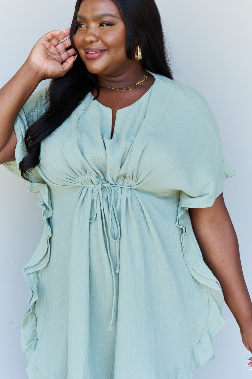 Light Sage Ruffle Hem Dress with Drawstring Waistband | The Exclusive Emerald