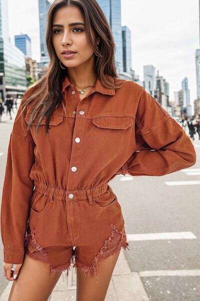 Front view of model wearing long sleeve distressed raw hem snap down romper