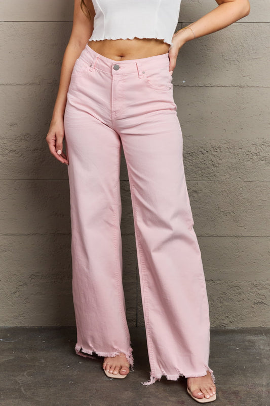 Front view of model wearing RISEN Raelene Full Size High Waist Wide Leg Jeans in Light Pink