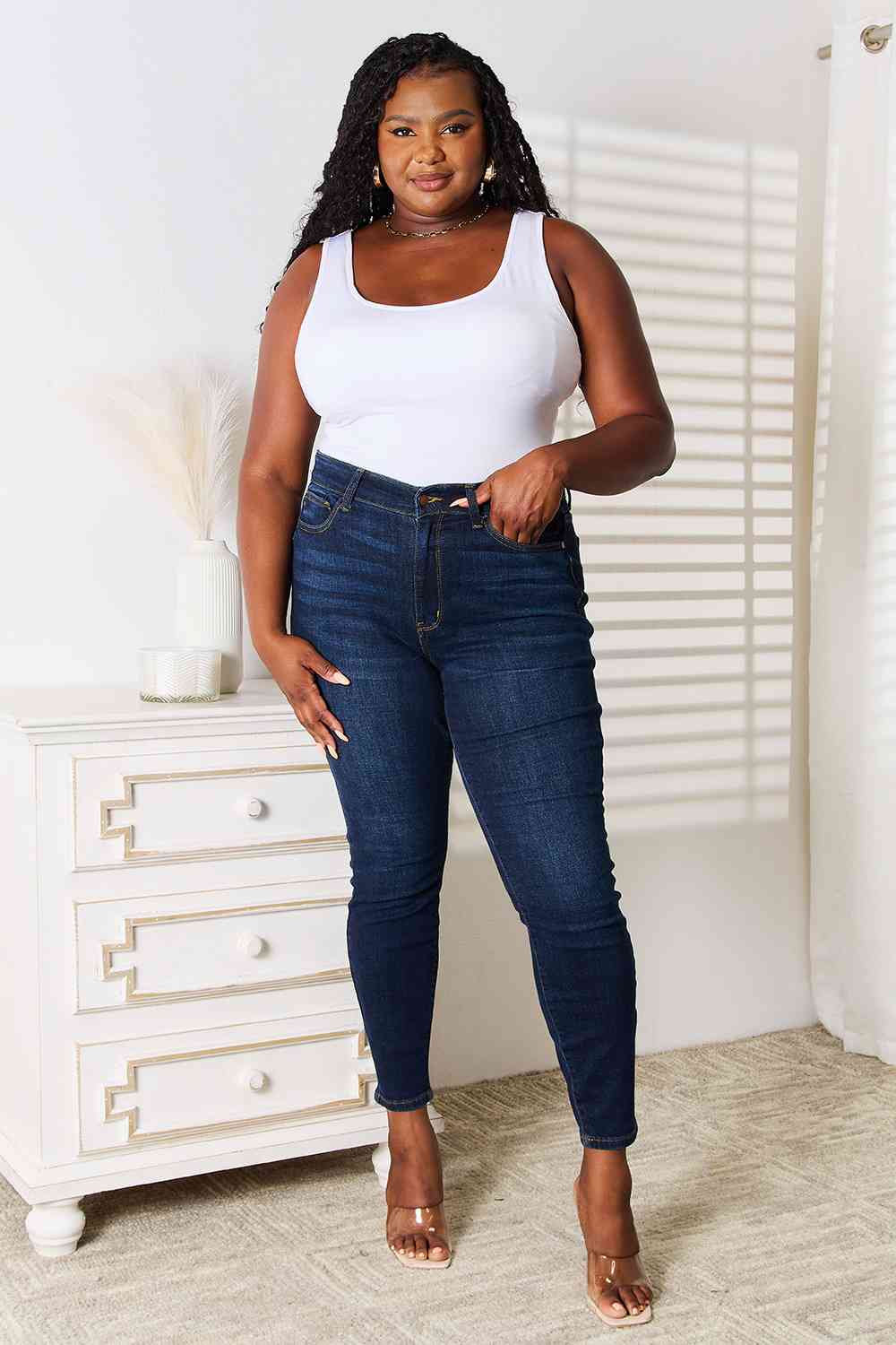 Front view of Judy Blue Full Size Skinny Jeans with Pockets - Full body