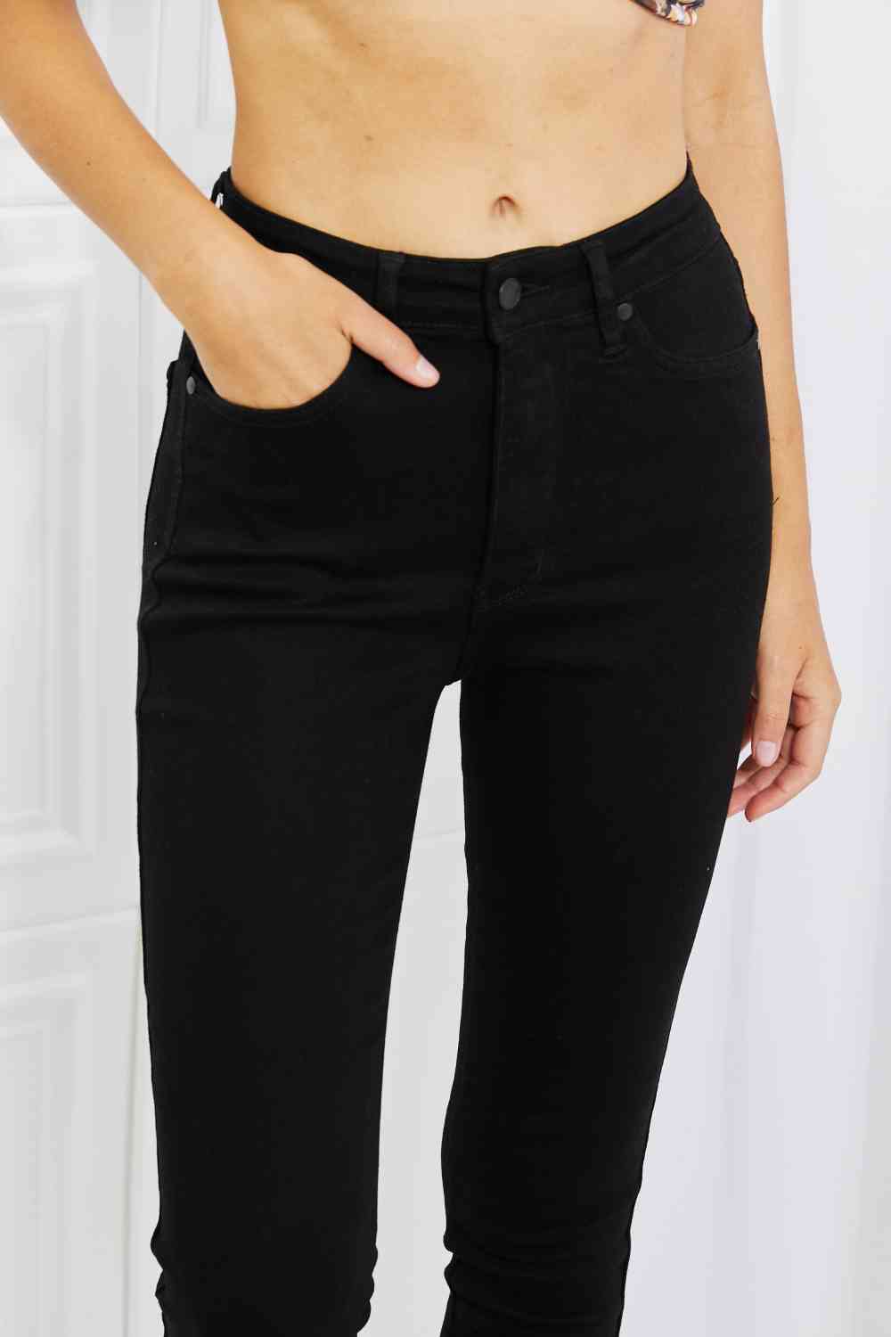 Front view of Judy Blue Mila High Waisted Shark Bite Hem Skinny Jeans in black