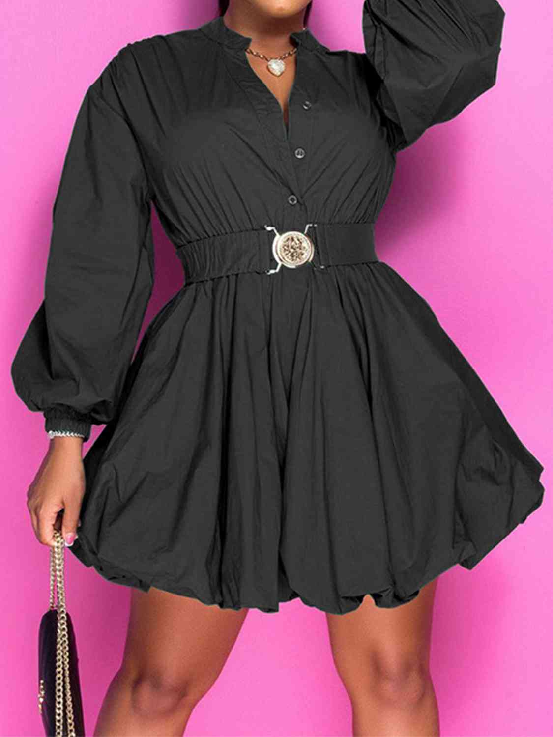 Front view of Women's Notched Button Up Balloon Sleeves Dress in the color Black