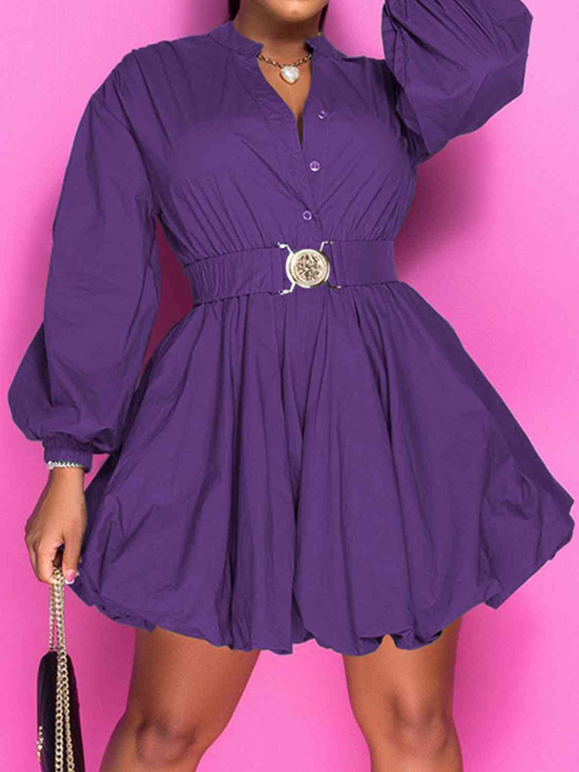 front view of violet button up ballon Sleeve dress