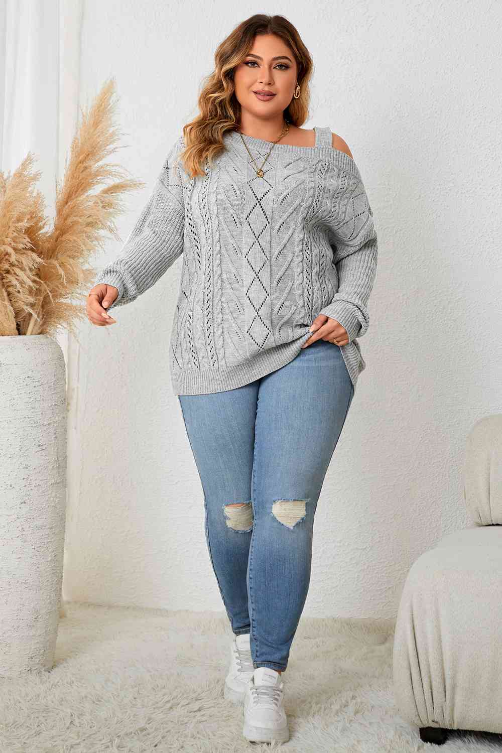 Front view of Plus Size Cold Shoulder Asymmetrical Cable-Knit Top - Full body
