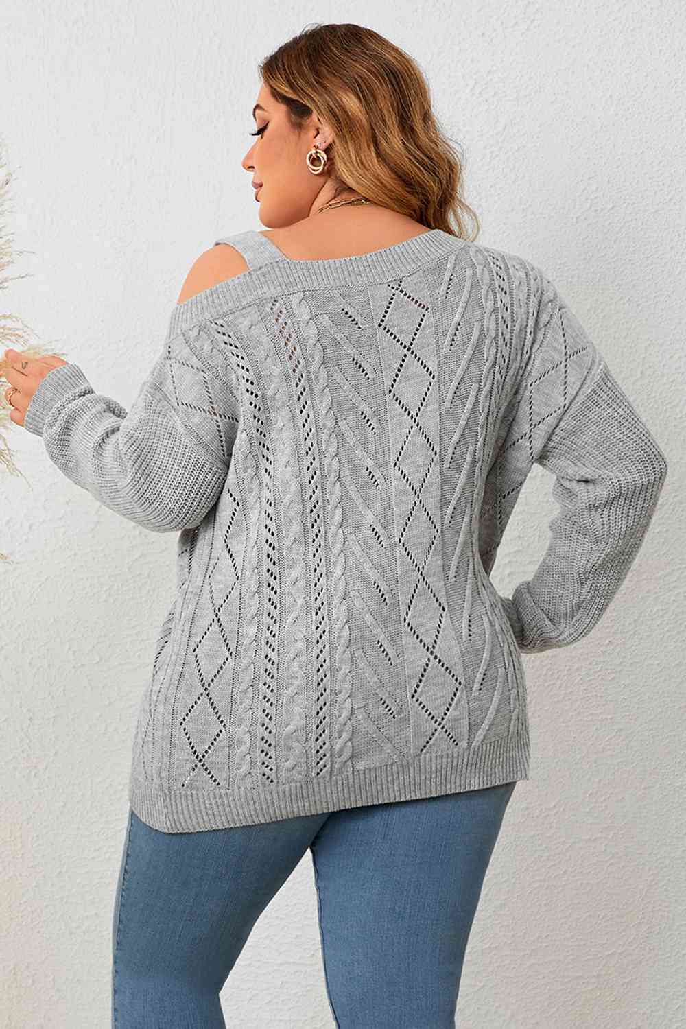Back view of Plus Size Cold Shoulder Asymmetrical Cable-Knit Top