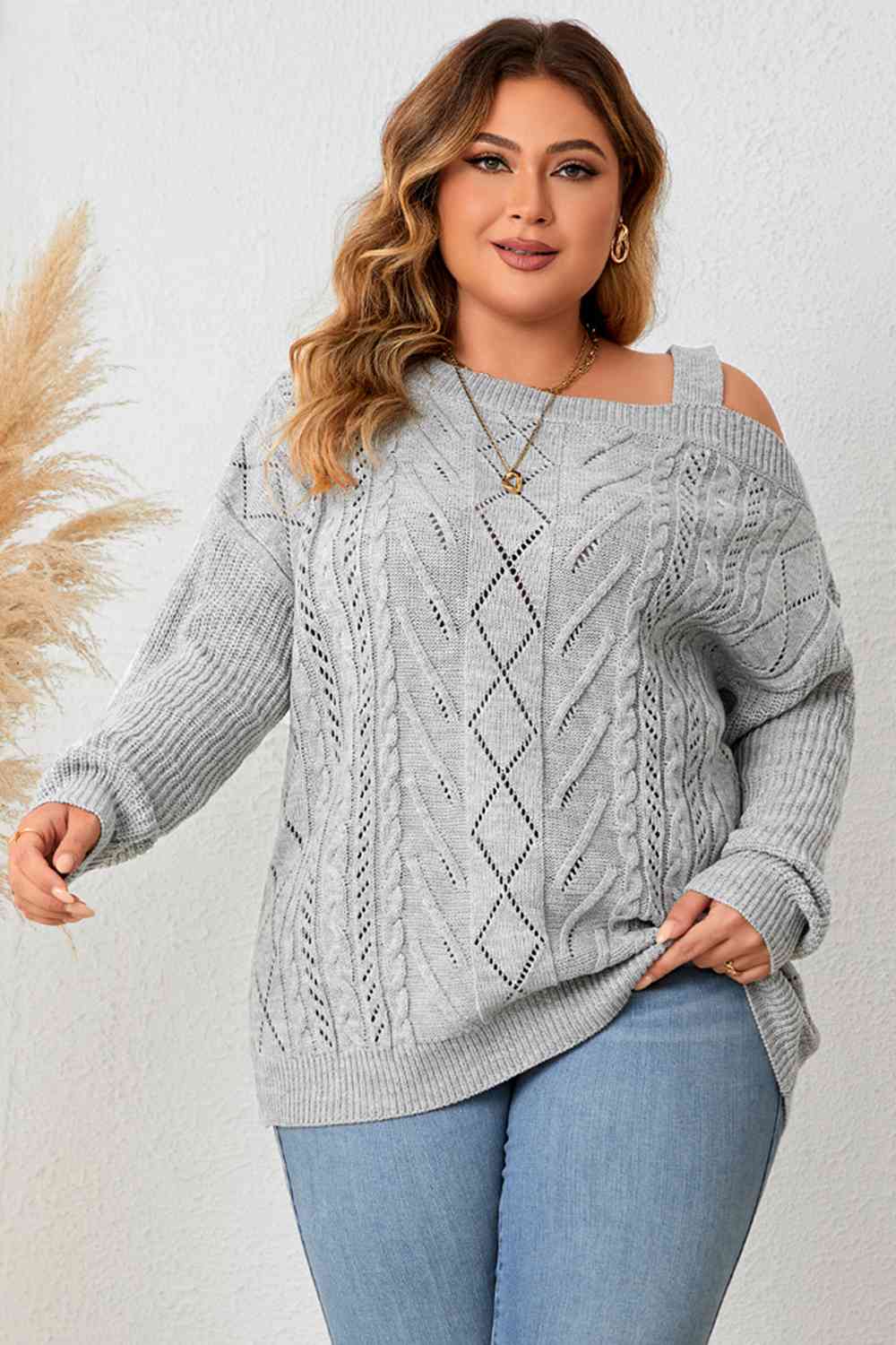 Model Front View wearing Plus Size Cold Shoulder Asymmetrical Cable-Knit Top