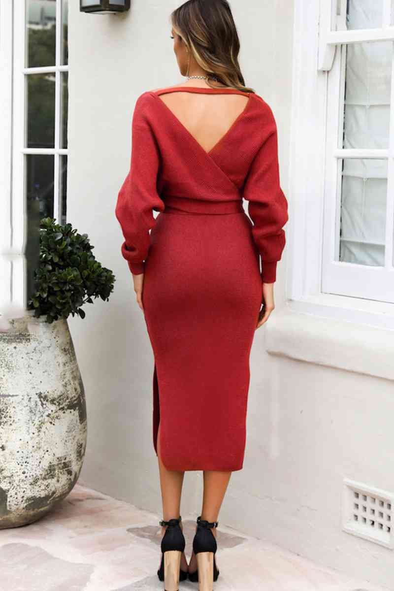 Chic Surplice Neck Sweater Dress with Bow Waist & Slit